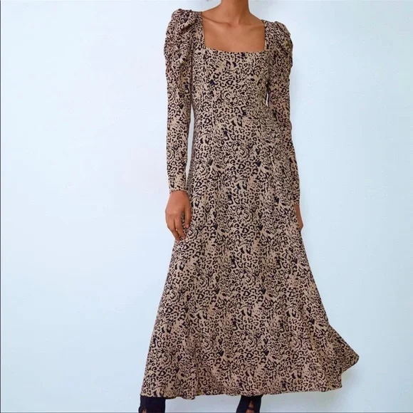 ZARA Animal Print Long Sleeve Maxi Dress Size Medium